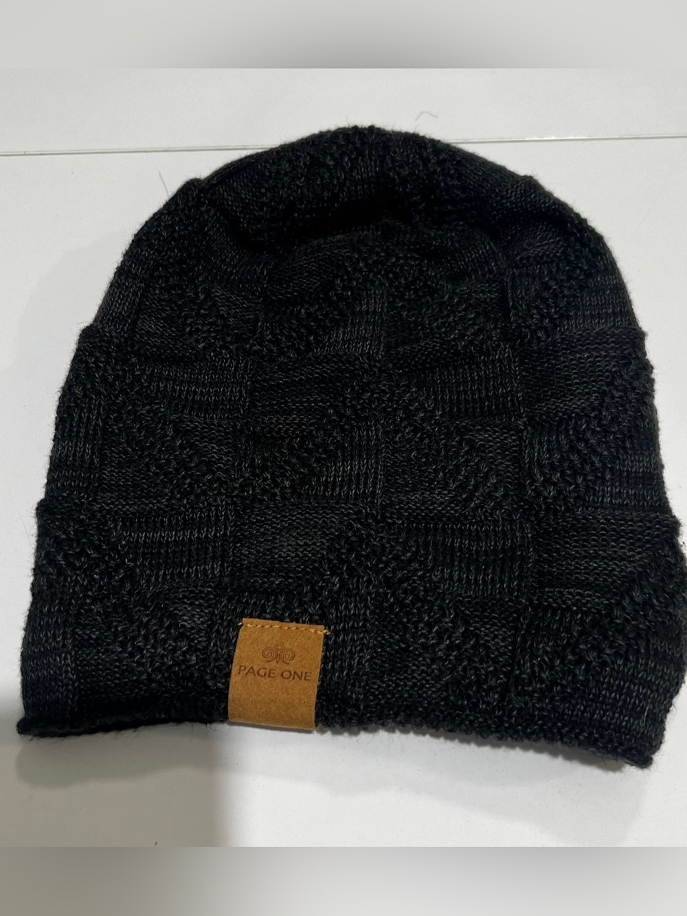 Page One Black Knit Checkerboard Beanie Hat - Faux Fur Lined Cozy Winter Cap
